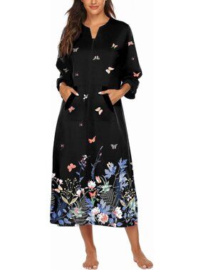 〽️Women's Bathrobe Black Butterfly Floral Zipper Loungewear Long Nightgown